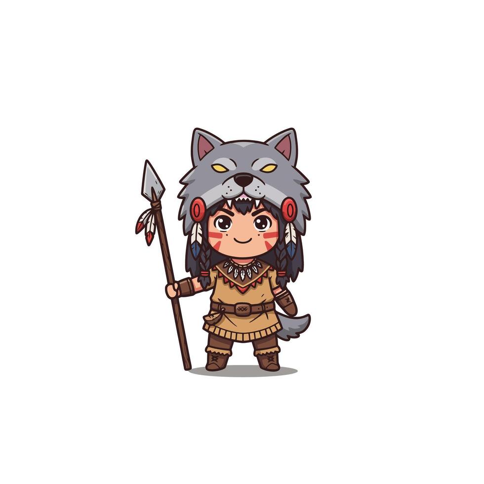Cartoon Native American Child with Wolf Headdress Holding Spear vector
