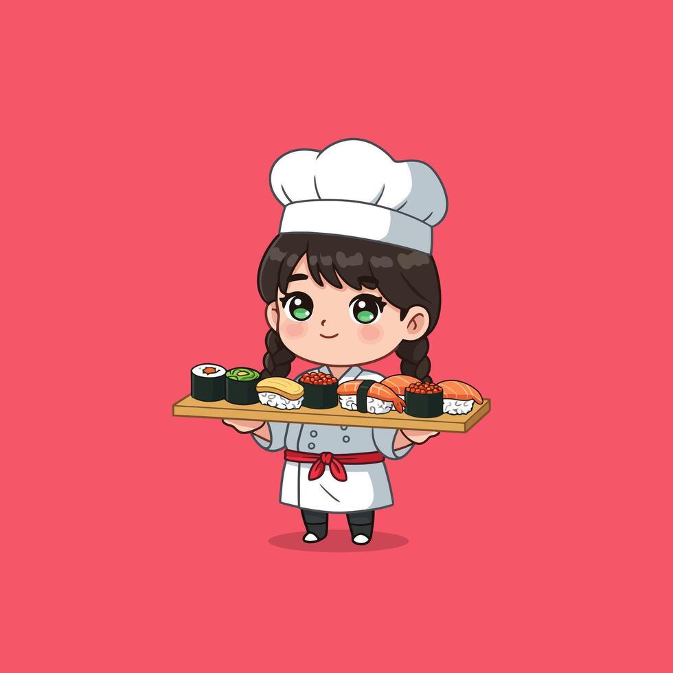 Chef Holding Sushi Tray with Assorted Rolls on Pink Background vector