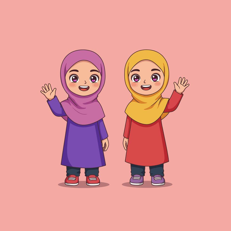Two Cartoon Girls Wearing Hijab Waving on Light Pink Background vector