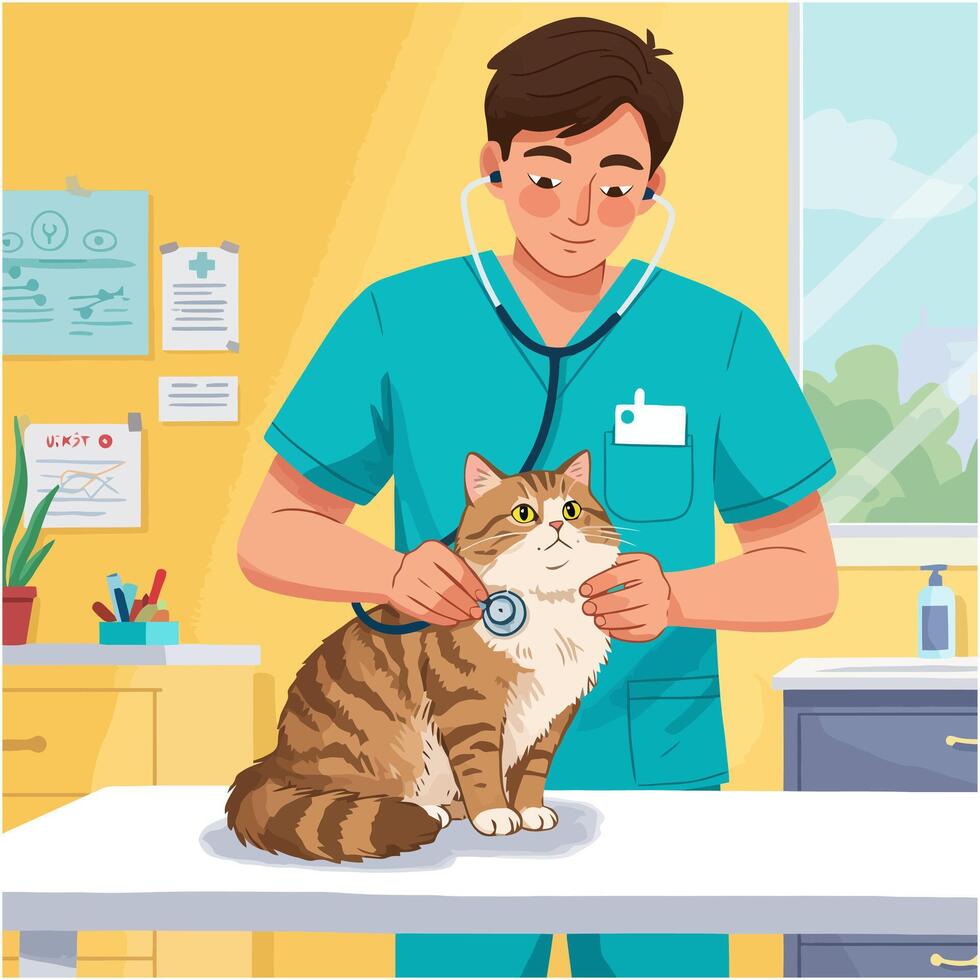 Veterinarian Examining a Cat with Stethoscope During an Appointment vector