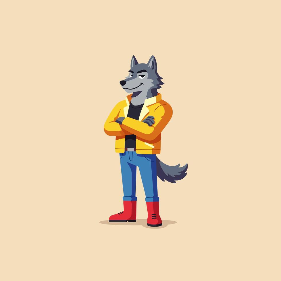 Wolf Cartoon Character Standing Confidently with Arms Crossed in Stylish Outfit vector