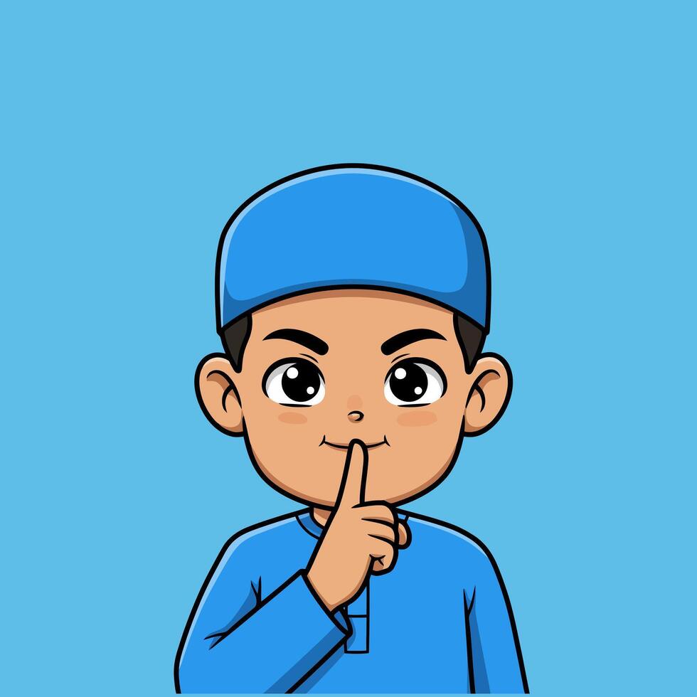 Cartoon Boy with Finger on Lips Asking for Silence on Blue vector