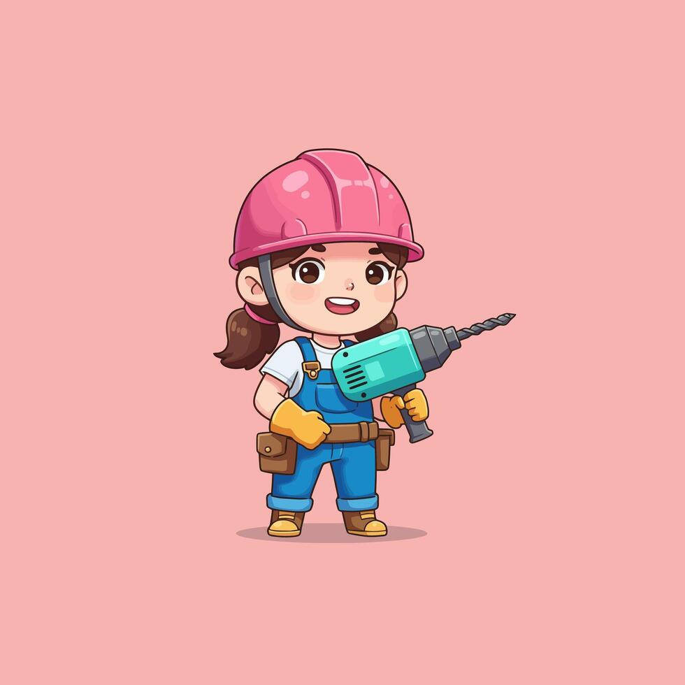 Cartoon Builder Holding Drill Tool with Confidence in Pink Background vector