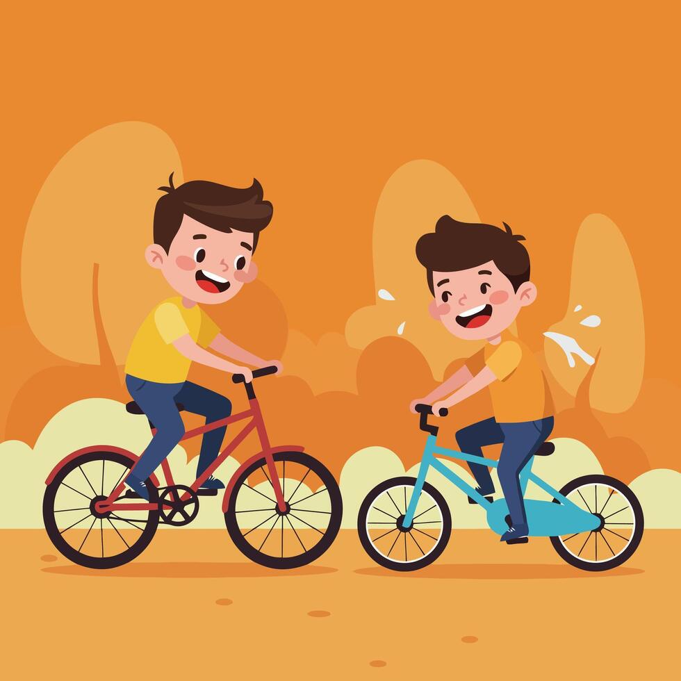 Boys Enjoying Bicycle Ride Together with Cartoon Style Graphic vector