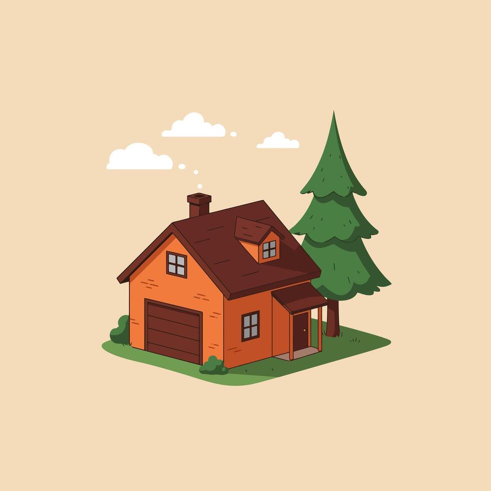 Cozy Cartoon House with Tree and Clouds on Beige Background vector