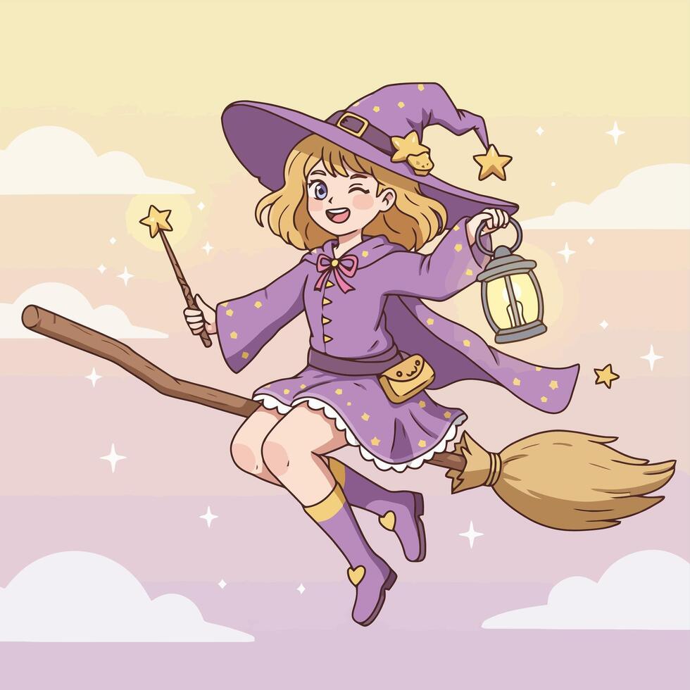 Cartoon Witch Flying on Broomstick with Lantern in the Sky vector