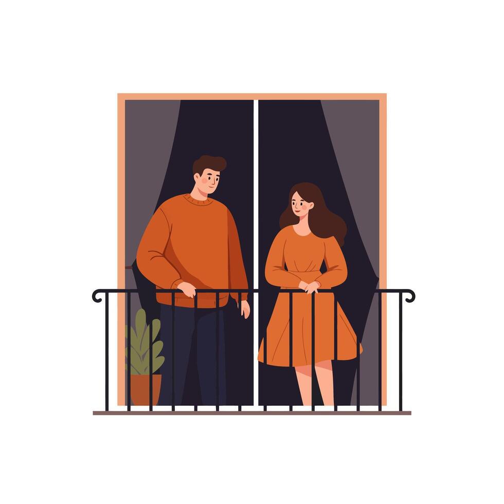 Couple Standing Together on Balcony Enjoying Evening View From Home vector