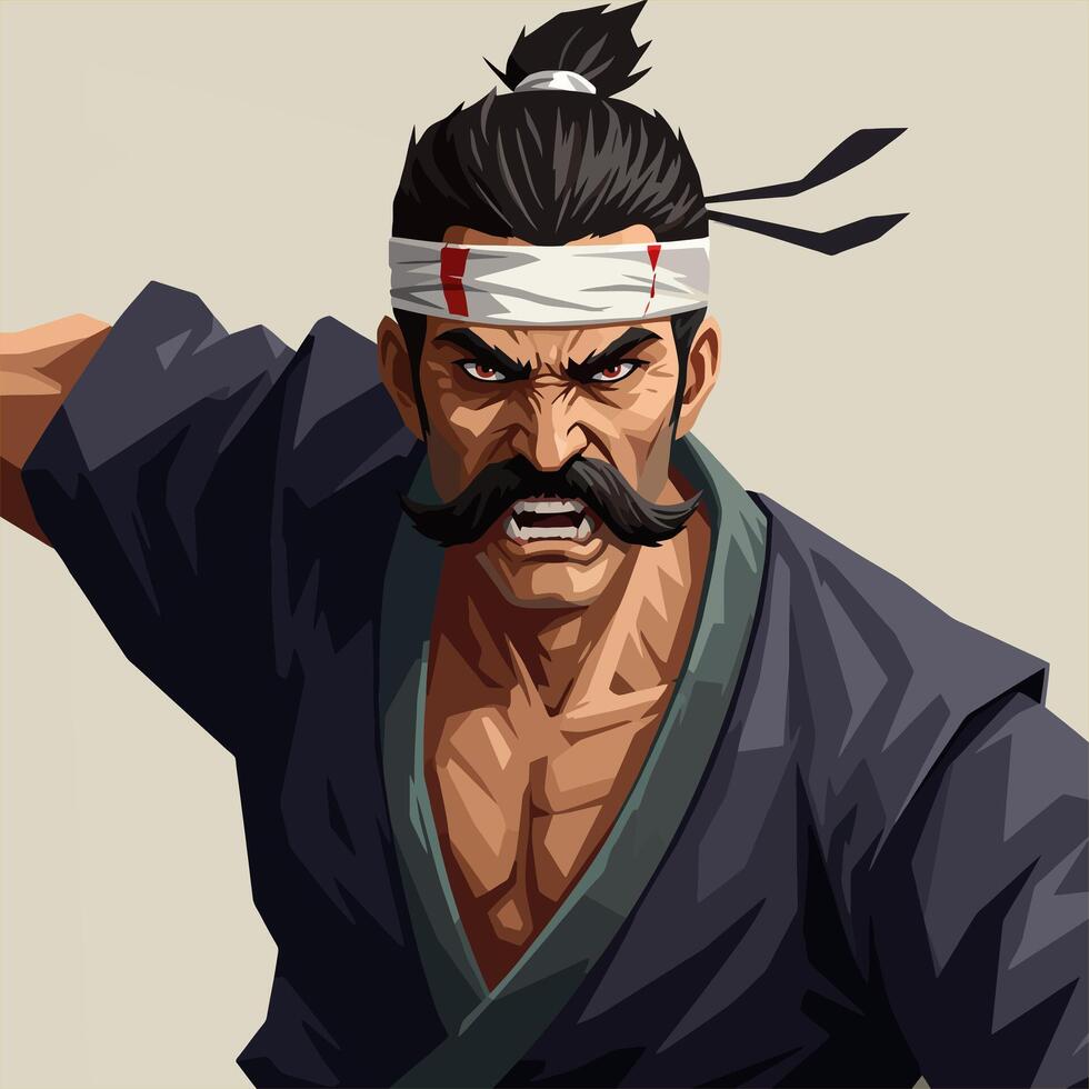 Furious Man with Moustache and Headband Illustration Ready for Action vector