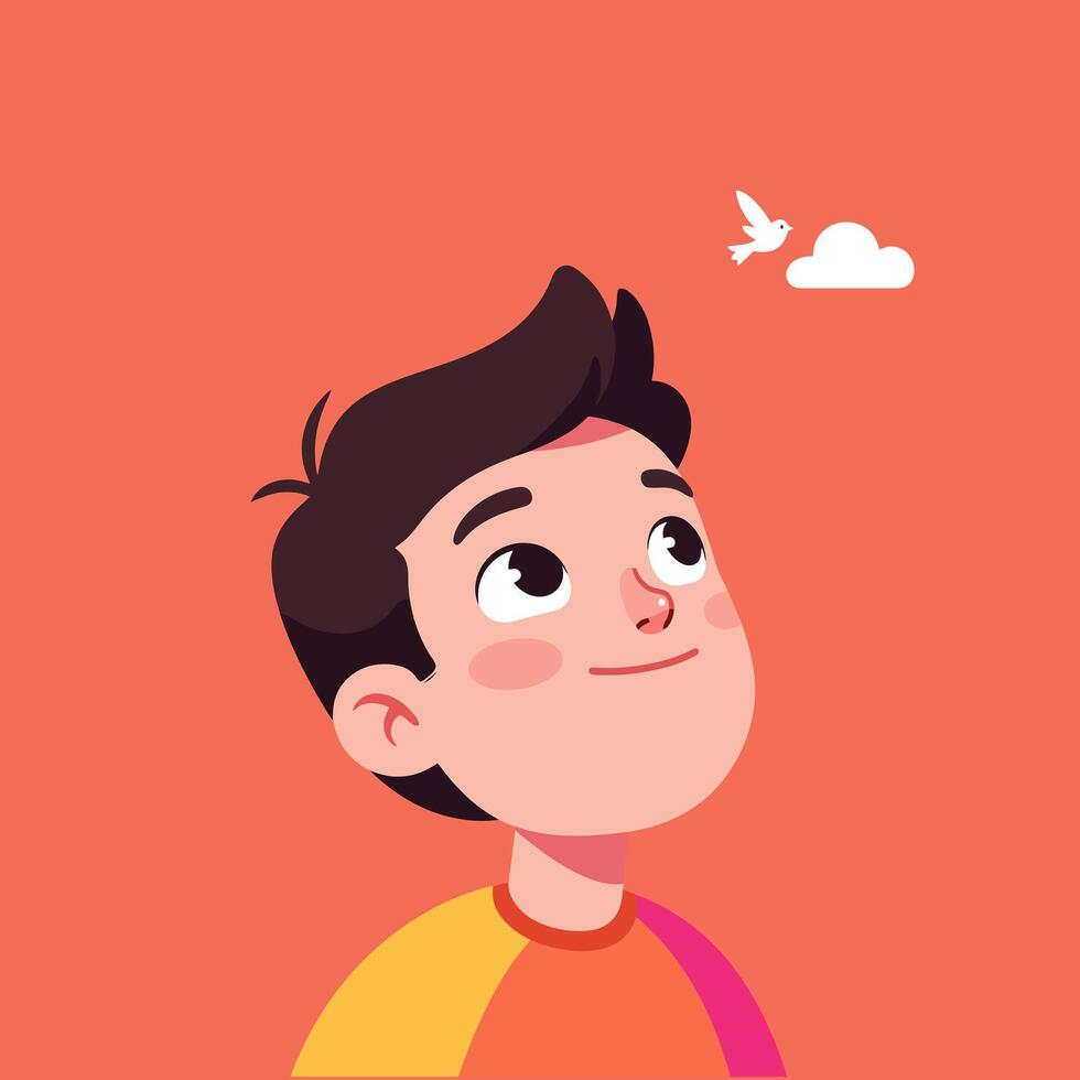 Cartoon Boy Looking Up at Bird and Cloud with Joyful Expression vector