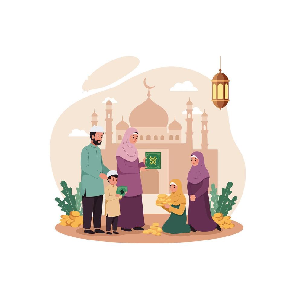 Muslim Family Giving Alms and Zakat in Front of Mosque vector