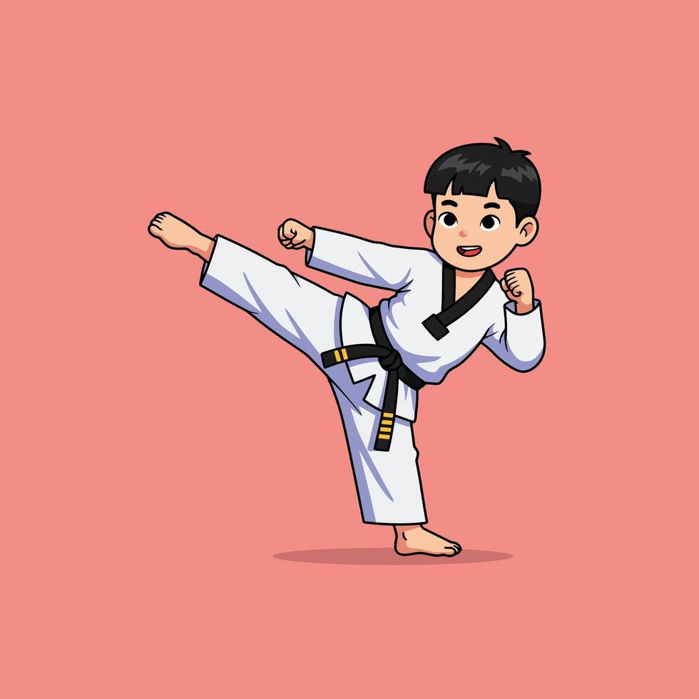 Cartoon Boy Practicing Martial Arts Kicking Pose on Solid Background vector
