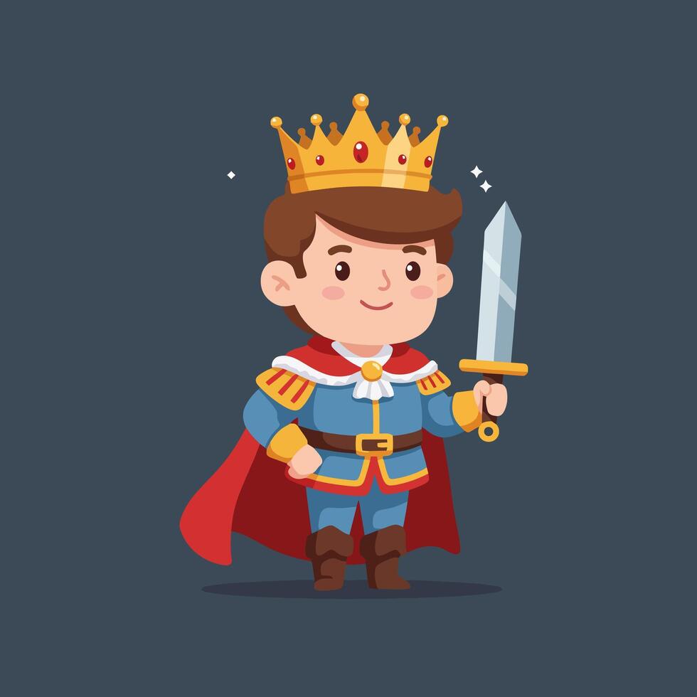 Cartoon Prince Holding Sword Wearing Crown and Cape Illustration vector