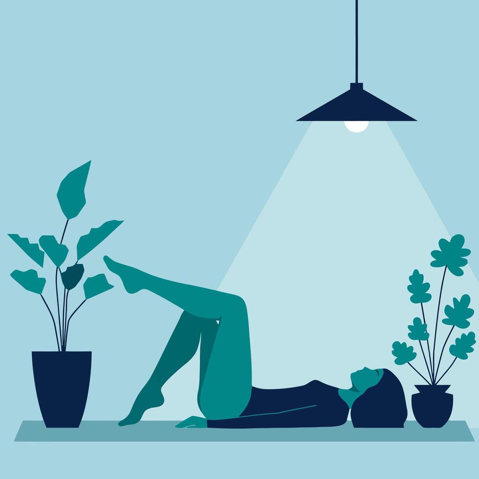 Woman Lying Down Relaxing with Plants and Lamp in Room vector