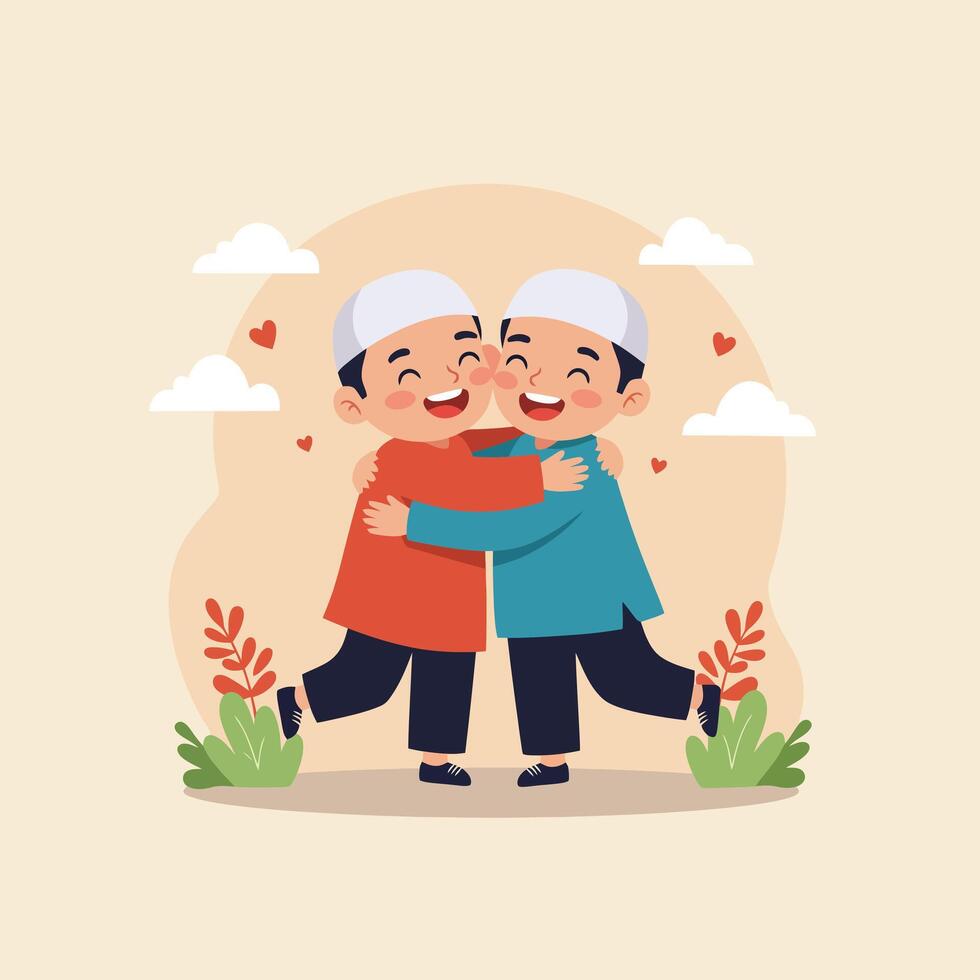 Cartoon Boys Hugging Each Other Symbolizing Friendship and Festive Celebration vector