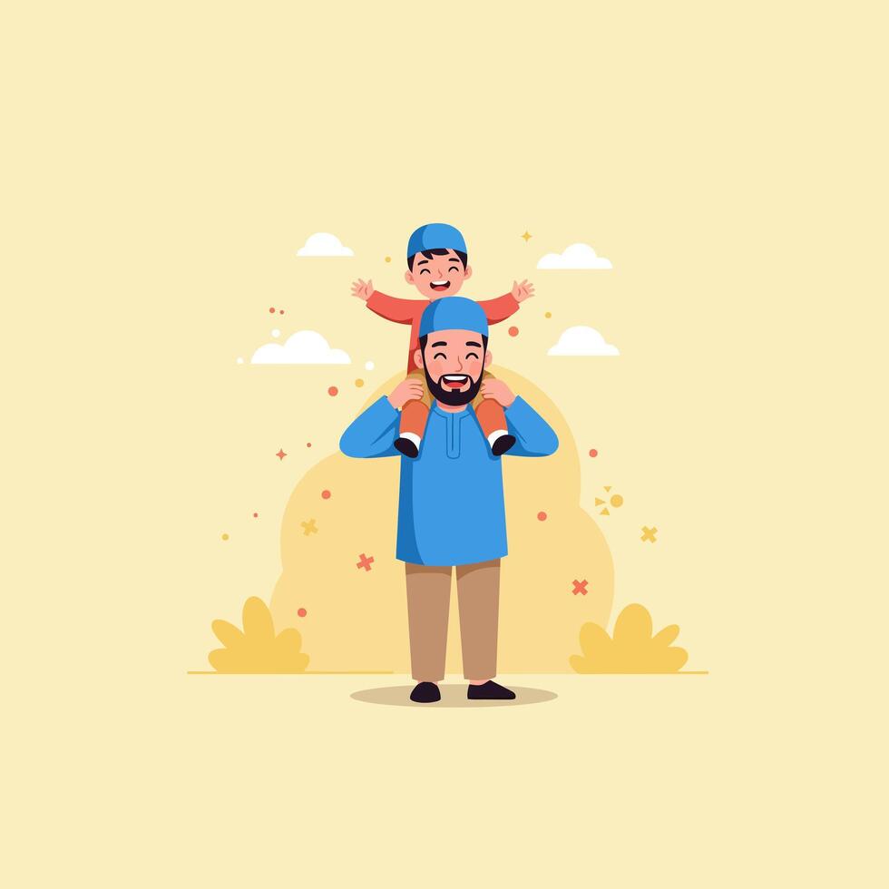 Father Carrying Son on Shoulders Sharing Happy Moment Together vector