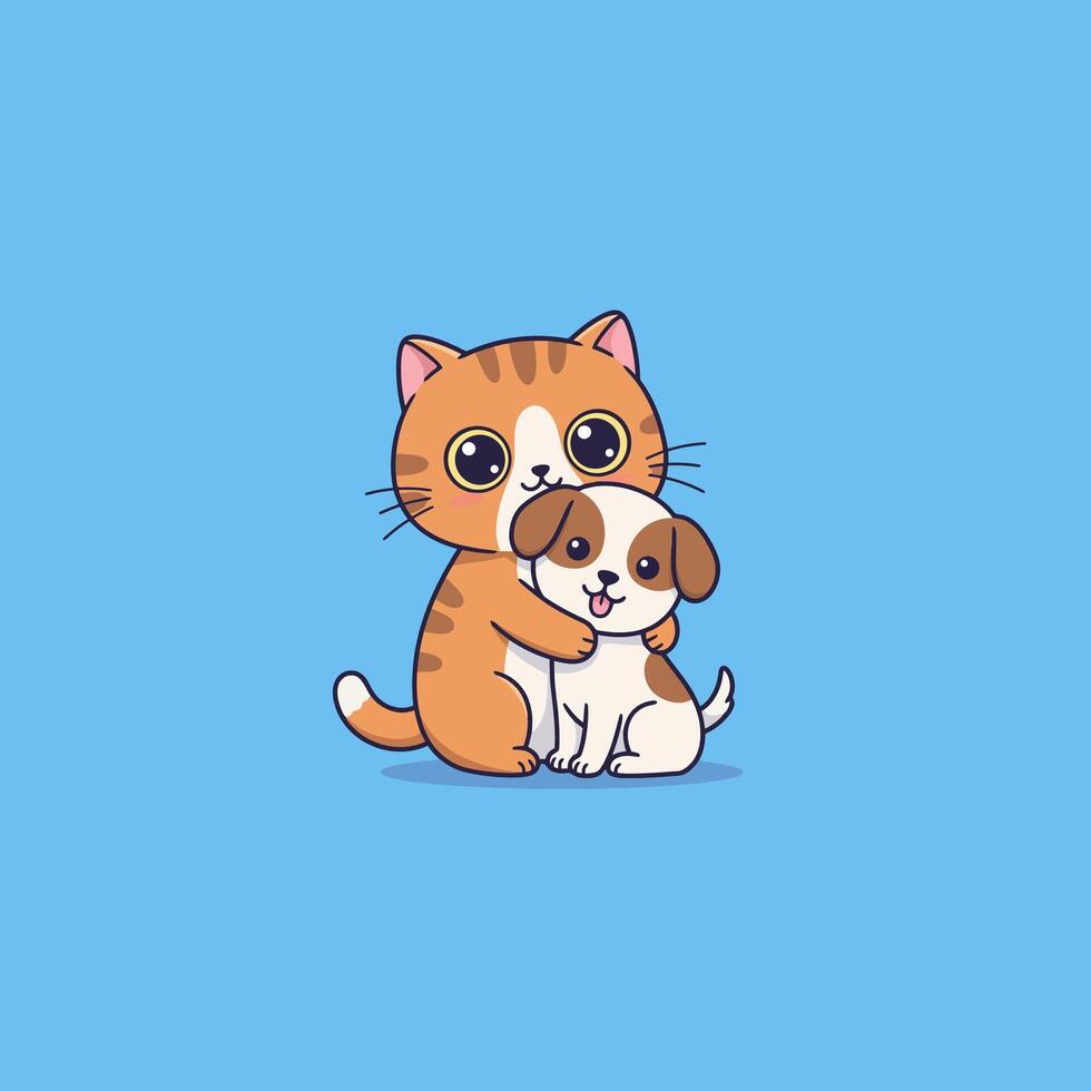 Cartoon Cat Hugging Cute Puppy Together with Affection on Blue vector