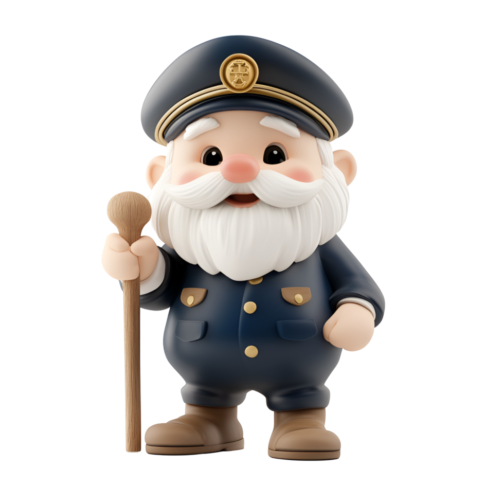 3D Sea Captain with Walking Stick and Cane on Transparent Background png