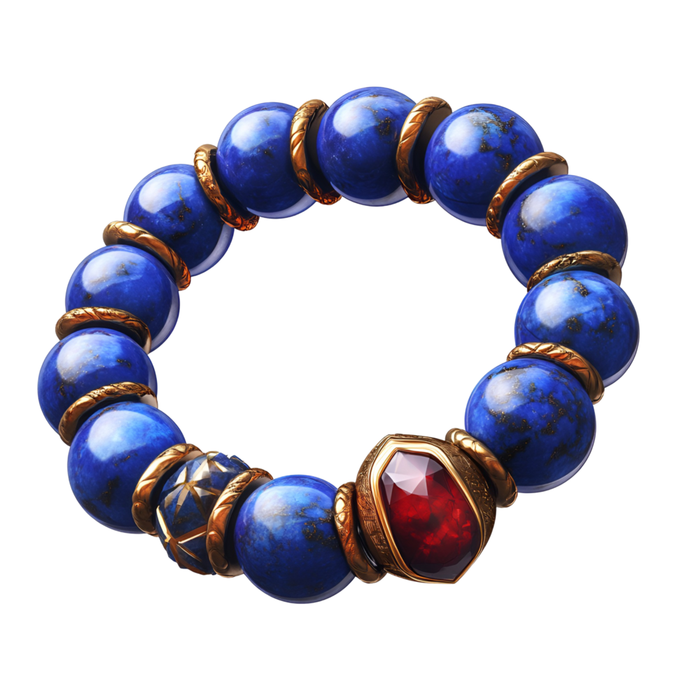 3D Blue Bracelet With Gold And Red Beads On Transparent Background png