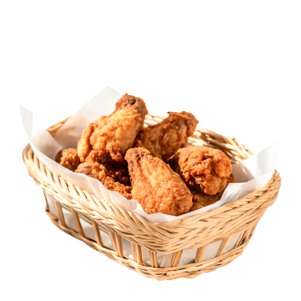 Crispy Fried Chicken Wings in a Rustic Wicker Basket png