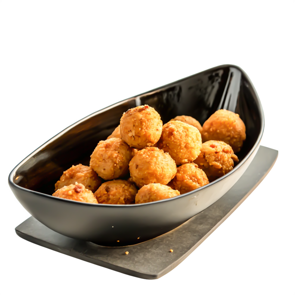 Golden Fried Meatballs in Elegant Black Boat-Shaped Bowl png