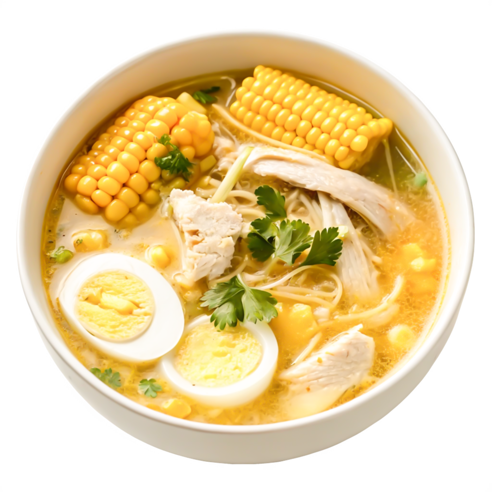 Delicious Chicken Corn Noodle Soup Recipe Vibrant Yellow Broth, Egg, and Parsley png