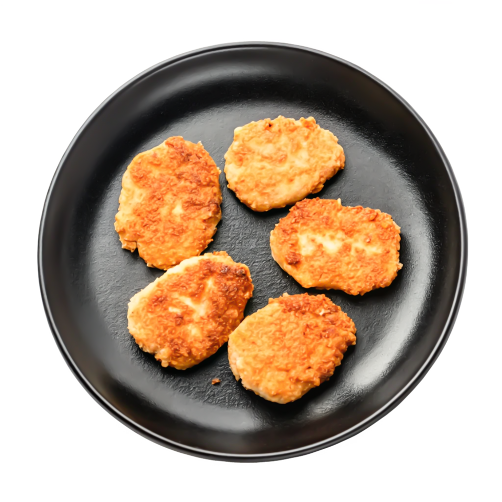 Crispy Golden Fried Fish Cakes on Black Plate Delicious Food Photography png