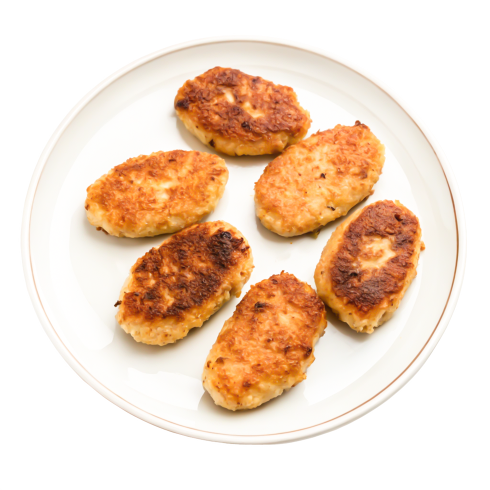 Delicious Golden-Brown Fried Fish Cakes on White Plate png