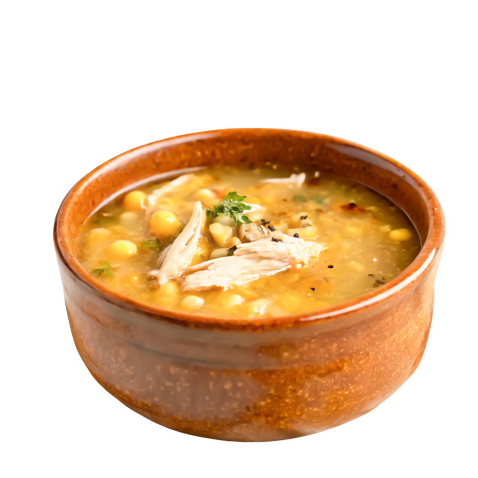 Delicious Chicken and Corn Soup in Rustic Bowl Creamy, Golden Recipe png