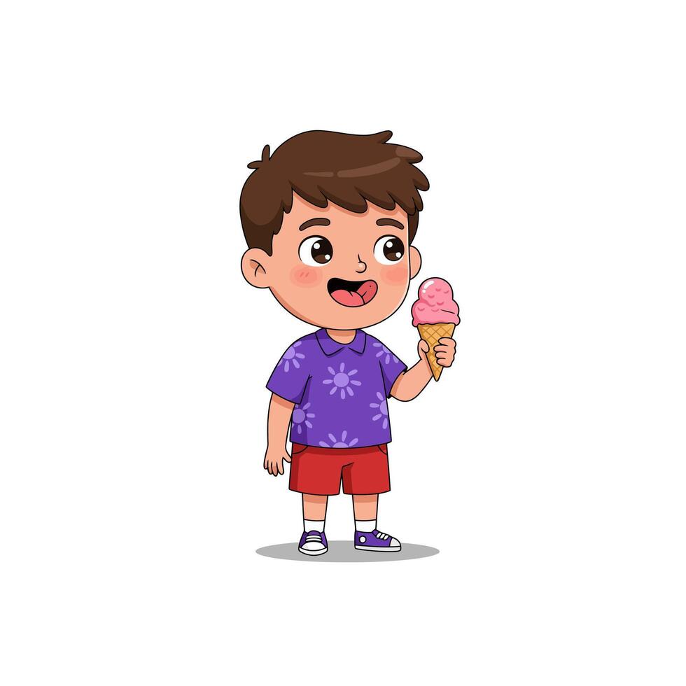 Boy Enjoying Ice Cream Cone Illustration on White Background vector