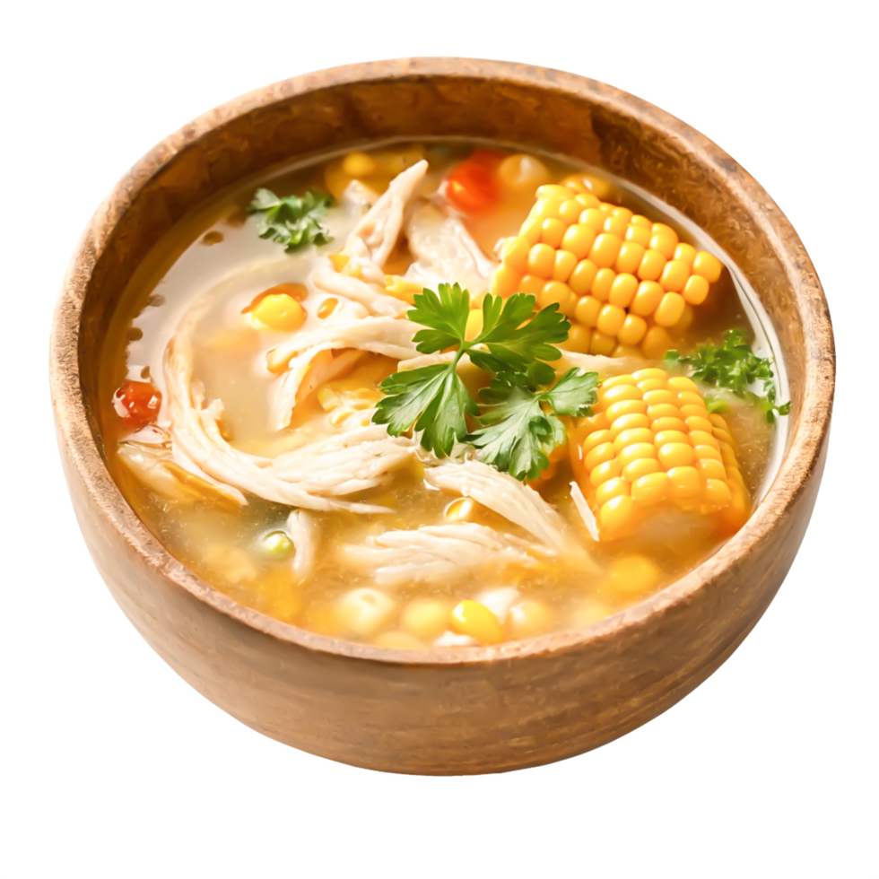 Delicious Chicken and Corn Soup in Wooden Bowl A Culinary Delight png