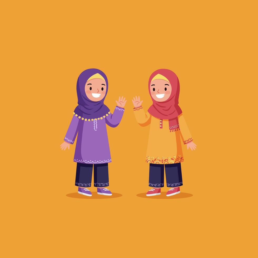 Two Smiling Girls Wearing Hijabs Waving on an Orange Background vector