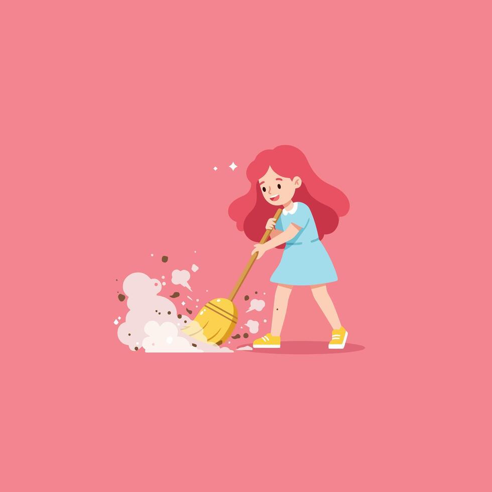 Girl Sweeping with Broom Cleaning Dust Illustration on Solid Background vector