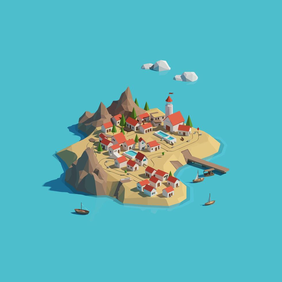 Isometric Island Village Illustration Featuring Coastal Homes and Turquoise Water vector