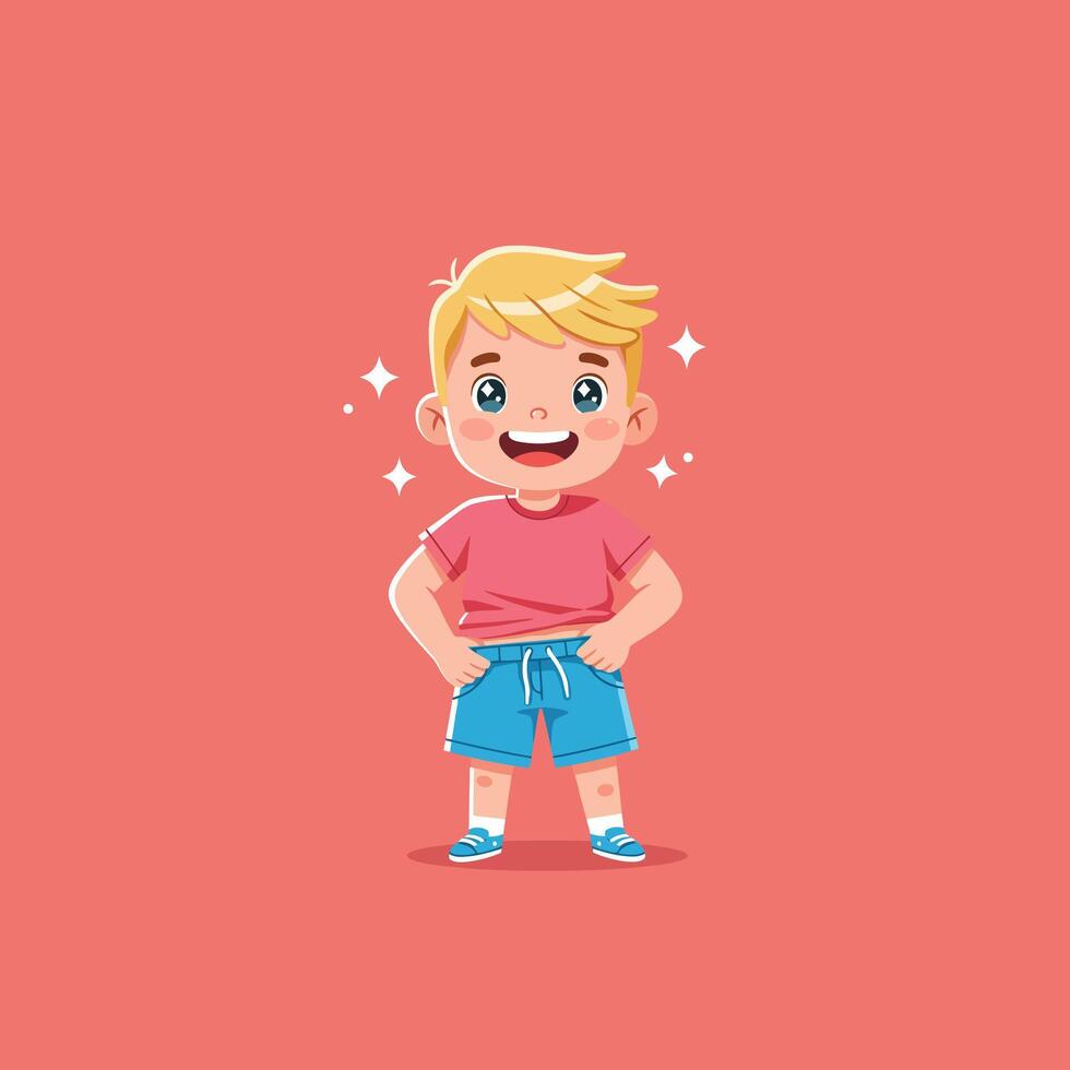 Cartoon Boy Standing Confidently with Hands in Pockets on Pink Background vector