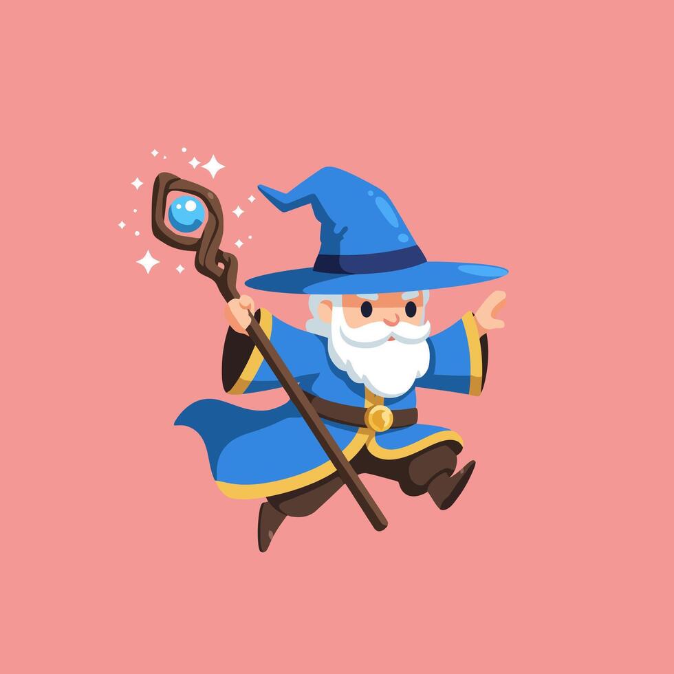 Wizard Cartoon Character Holding Magic Staff Leaping Forward in an Adventure vector