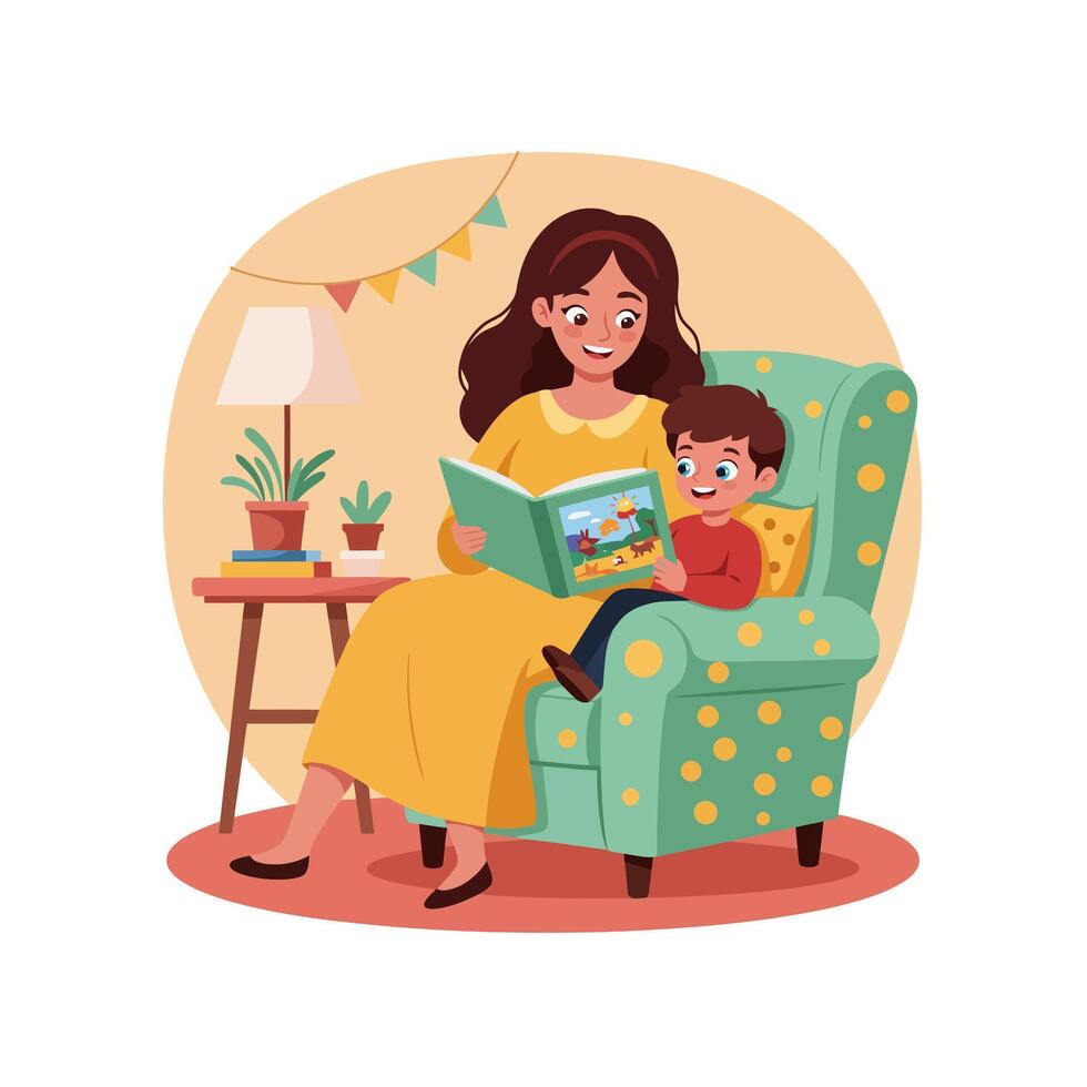 Mother Reading Story to Child on Chair in Cozy Room Together vector