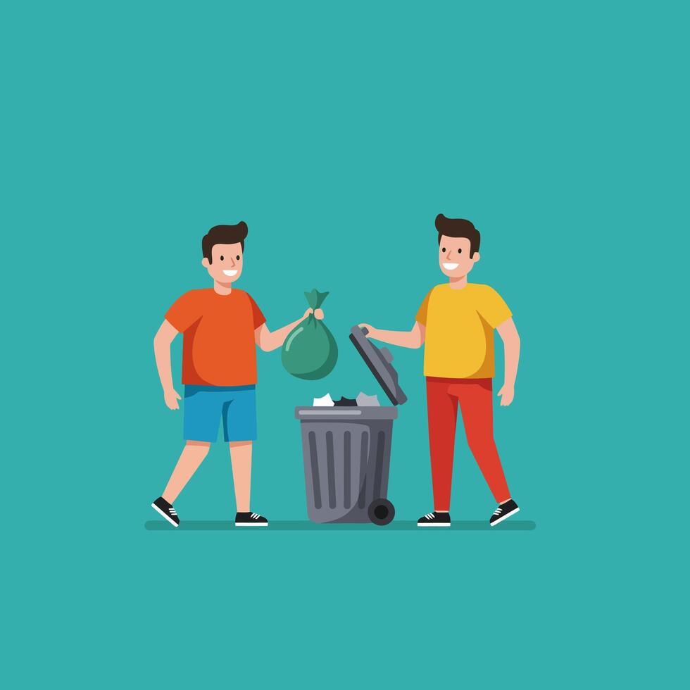 Two People Throwing Garbage Bag in a Trash Can Illustration vector
