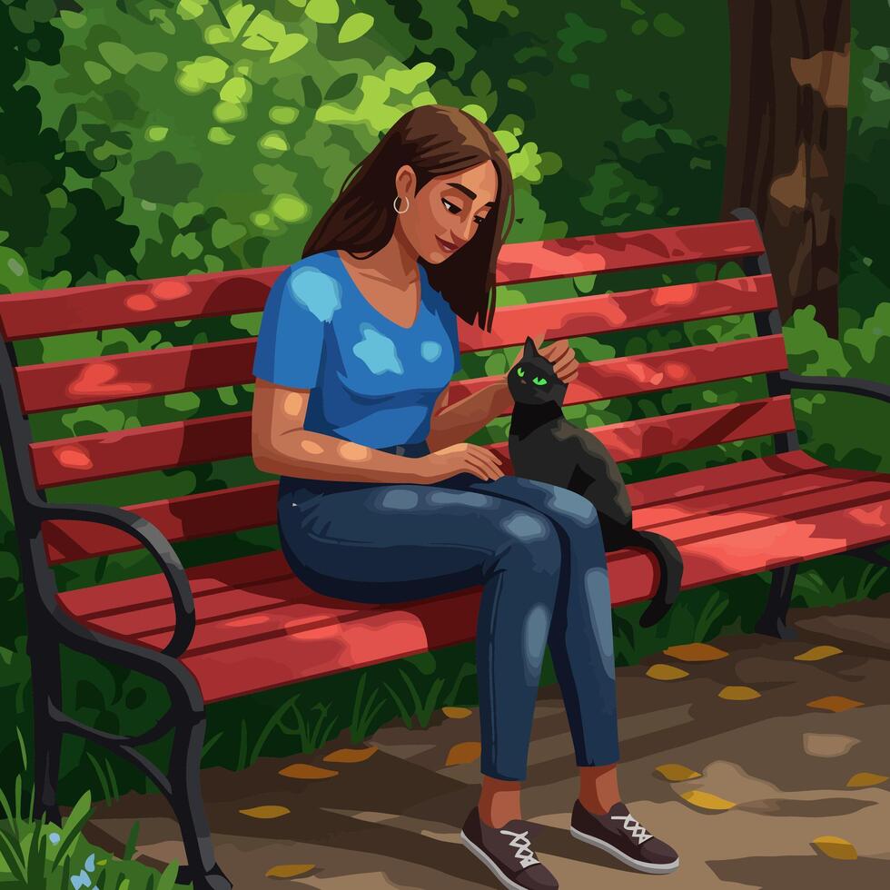 Woman Sitting on Park Bench Petting Black Cat on Sunny Day vector
