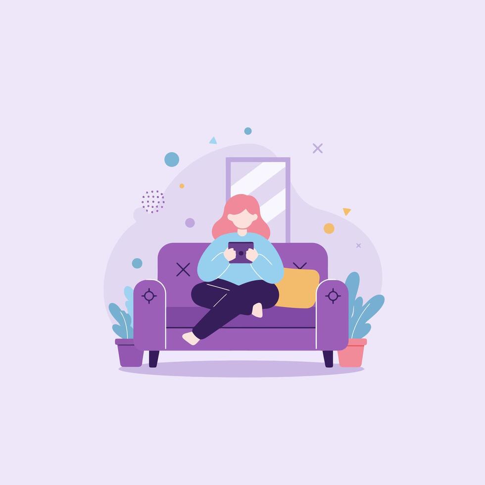 Person Using Tablet on Couch in Cozy Home Illustration vector