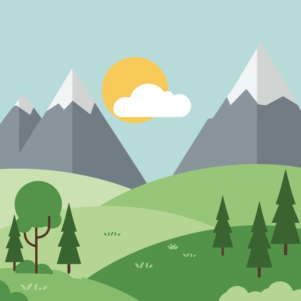 Flat Design Mountain Landscape with Rolling Hills and Sunny Sky vector