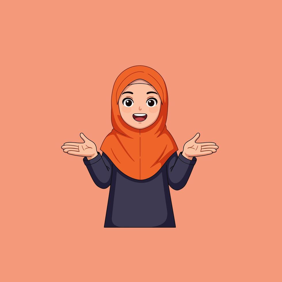Cartoon Woman Wearing Orange Hijab Presenting with Open Hands vector