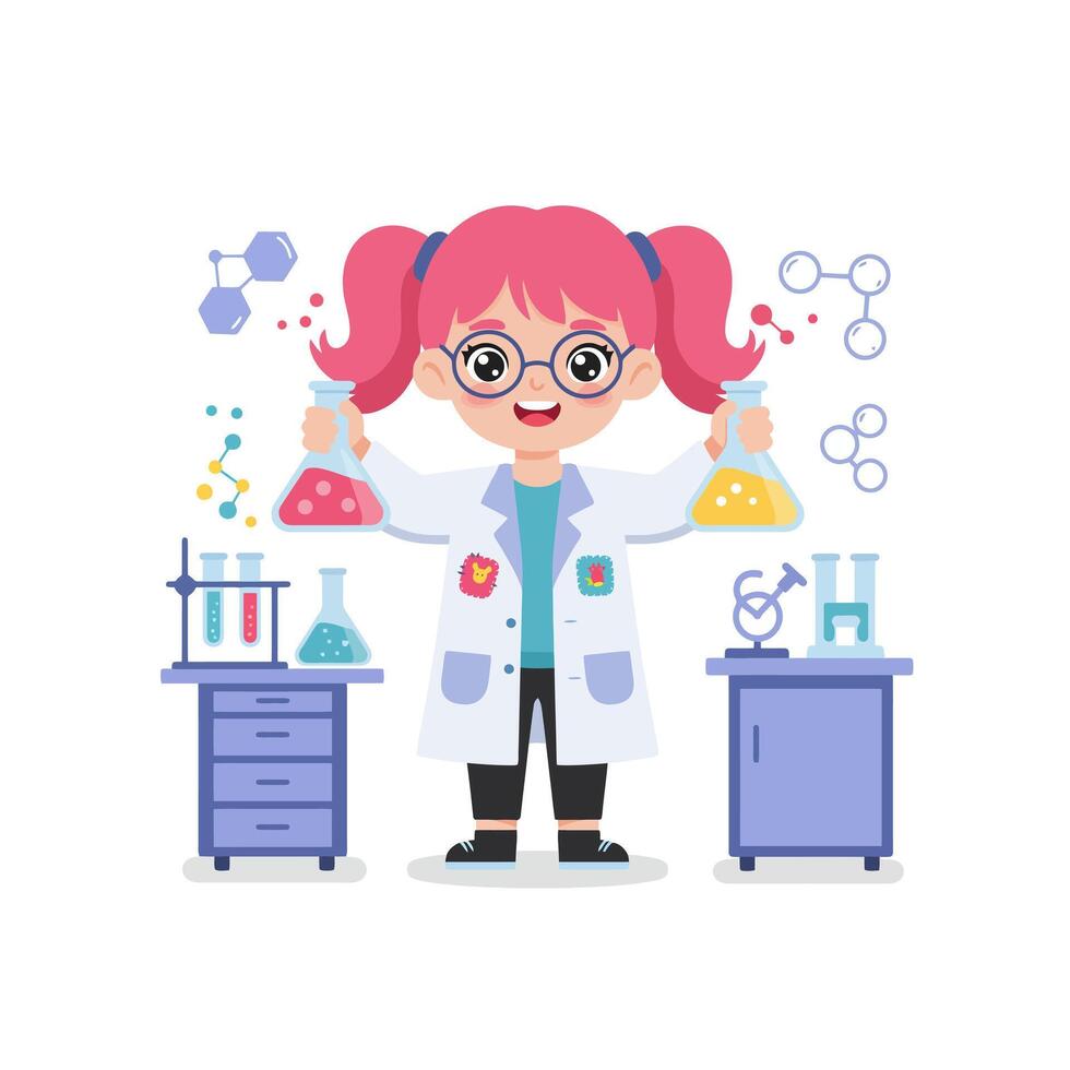 Girl Scientist Holding Beakers with Colorful Liquids in Lab vector