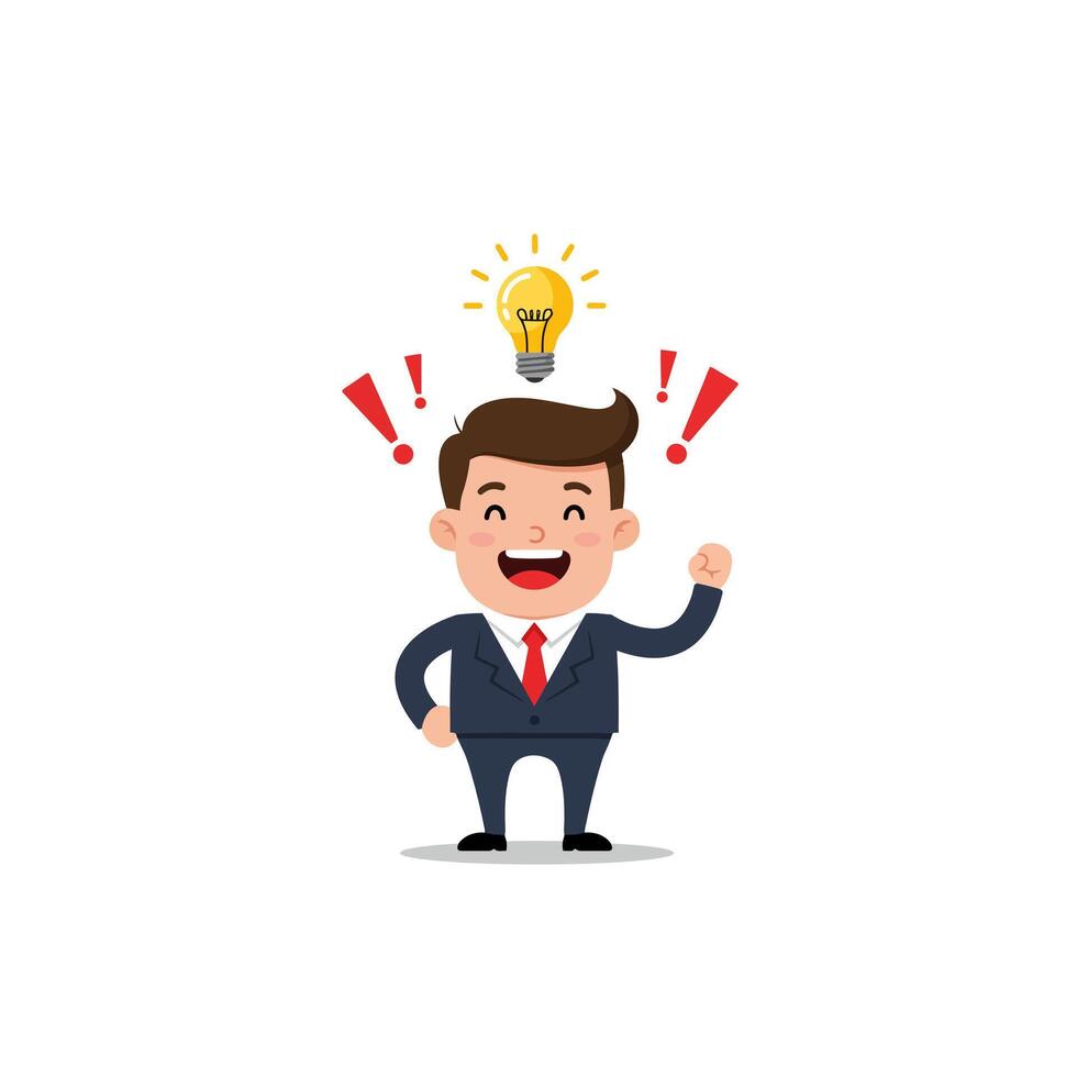 Cartoon Businessman Having Idea with Lightbulb and Exclamation Points vector