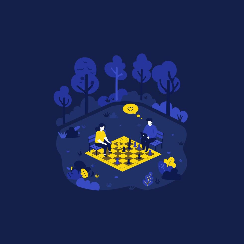 Couple Playing Chess Outdoors in a Park Surrounded by Trees vector