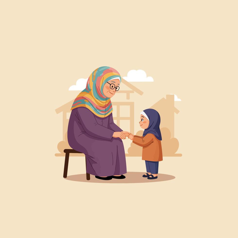 Grandmother and Granddaughter Holding Hands Together in a Loving Illustration vector