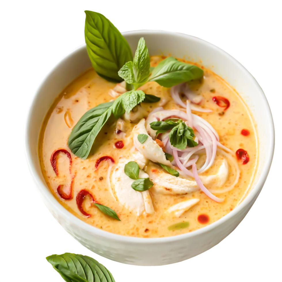 Delicious Creamy Thai Chicken Soup with Basil and Chili Garnish in White Bowl png