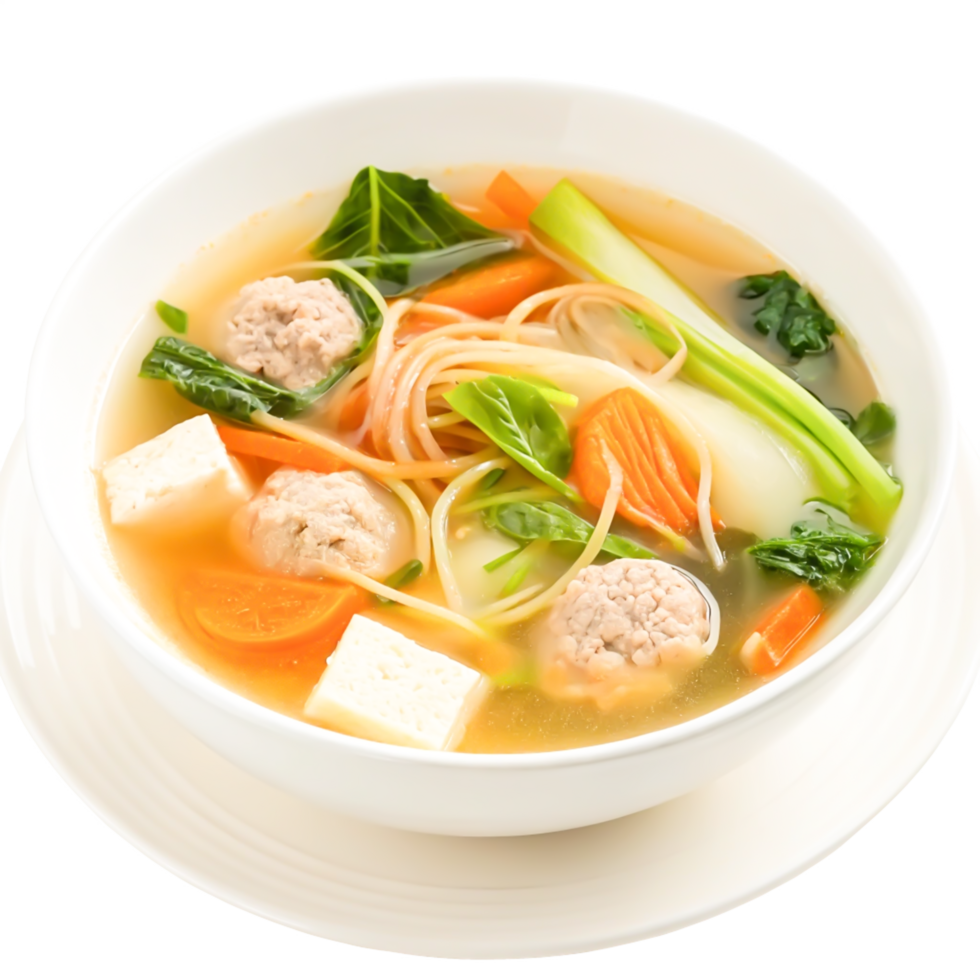 Delicious Asian Meatball Soup with Noodles, Tofu, and Vegetables png