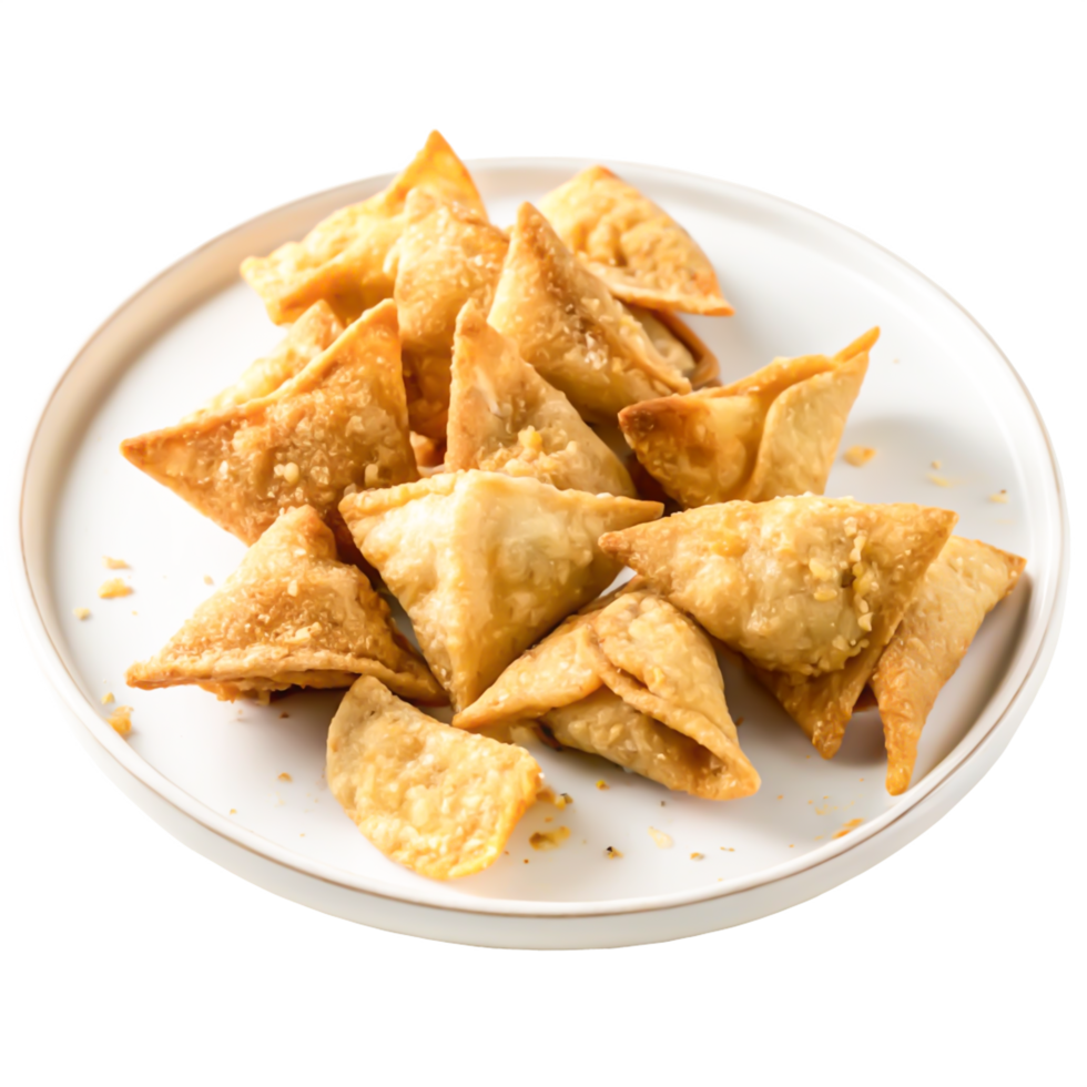 Crispy Fried Wonton Crackers Appetizer on White Plate, Close-up Food Photography png