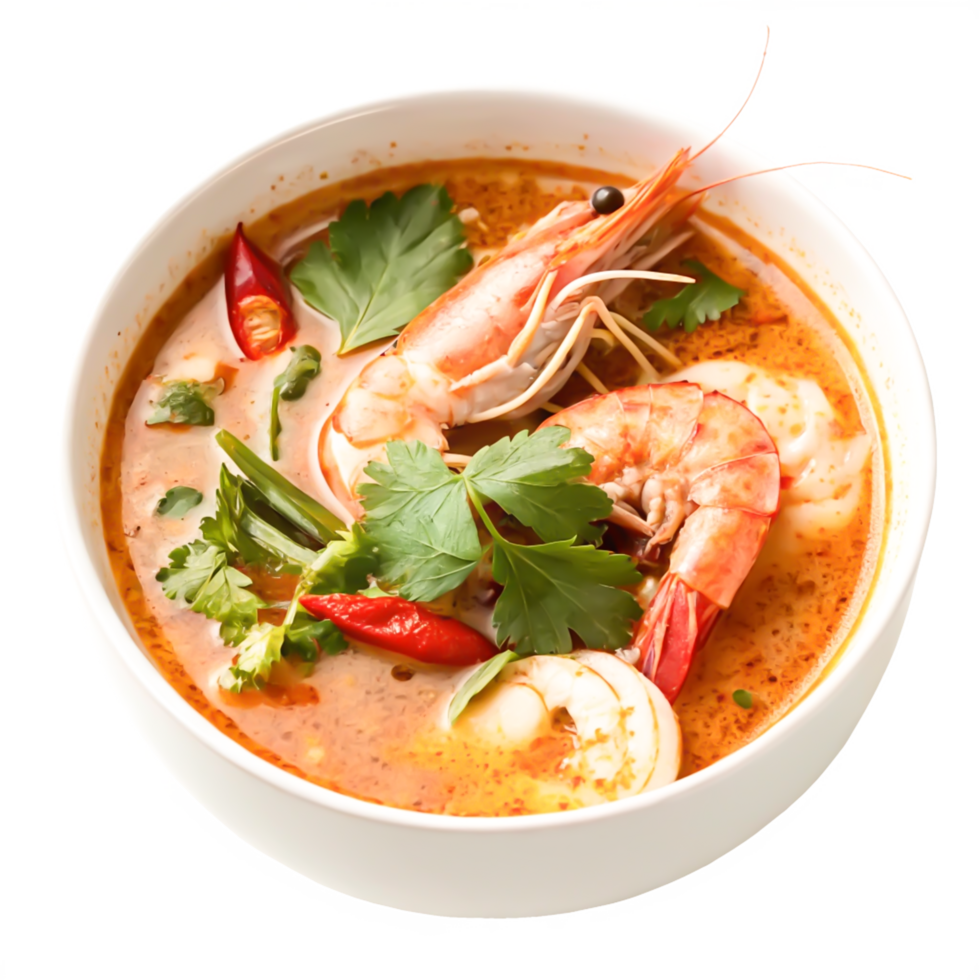 Delicious Tom Yum Soup with Shrimp, Cilantro, and Chili Peppers in Bowl png
