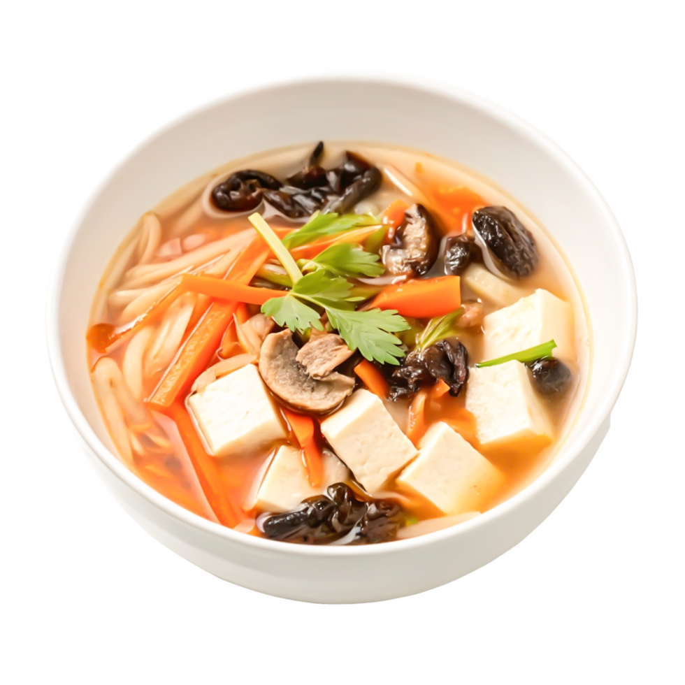 Delicious Asian Tofu Soup with Mushrooms, Carrots, and Noodles in Bowl png